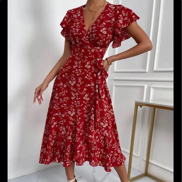 Boho Floral Print Butterfly Sleeve Dress Mustard Yellow - Picture 10 of 13